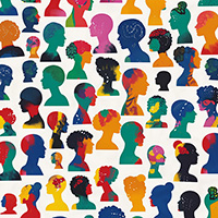 Array of human silhouettes in different colors and patterns.