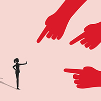 Silhouetted female figure confronting three fingers pointing aggressively. 