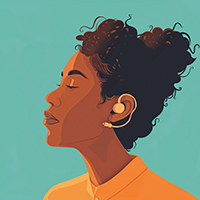 Decorative image of the profile of a woman of color wearing an assistive listening device.