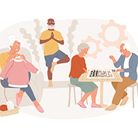 Decorative image of diverse seniors engaged in activities.