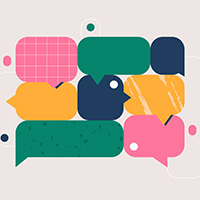 Decorative image of word balloons in a variety of sizes, colors, and textures.