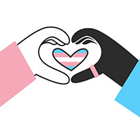 Decorative image of white hand in pink sleeve and black hand in blue sleeve holding heart-shaped trans pride flag.