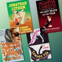 Decorative image of book covers by authors Sarah McCoy, Jonathan Lethem, Sonora Jha, and Sophie Hannah.