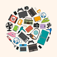 Decorative circle collage of household items.