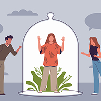 Drawing of a person protected from other people by a glass globe