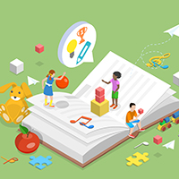 Drawing of a large open book with children and different toys