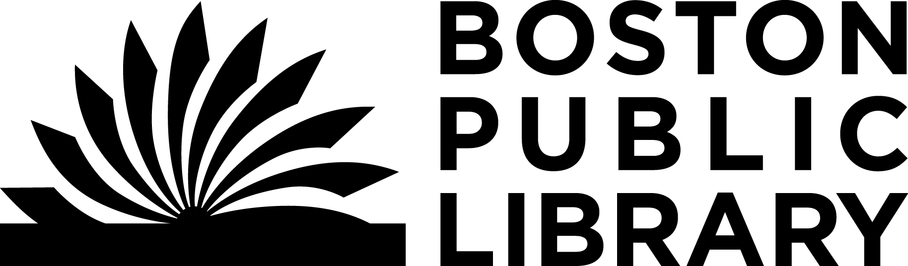 Logo for Boston Public Library. Open book with black pages fanning to left side. Text reads Boston Public Library on right.