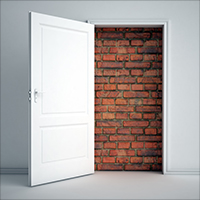 Photo of an open door, but the opening of the door is bricked closed.