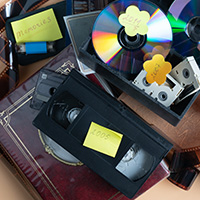 Collage of memorabilia media and storage.