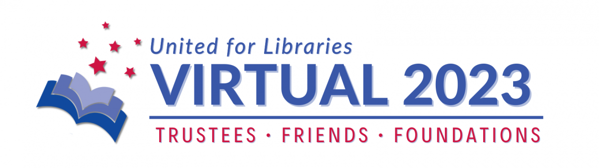 logo showing open books with stars rising from the book, and the words United for Libraries Virtual 2023
